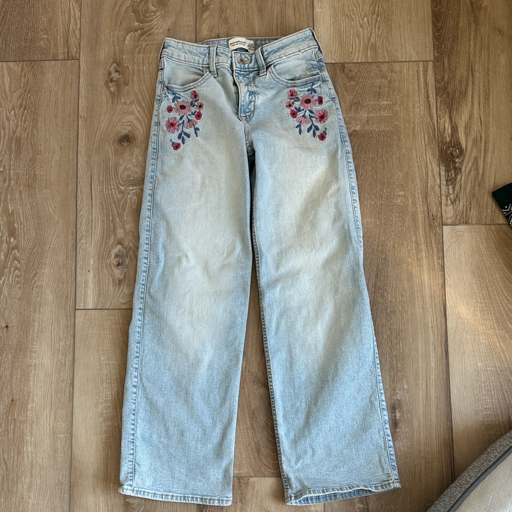 Abercrombie Kids Light Blue Jeans with Red Floral Embroidery
